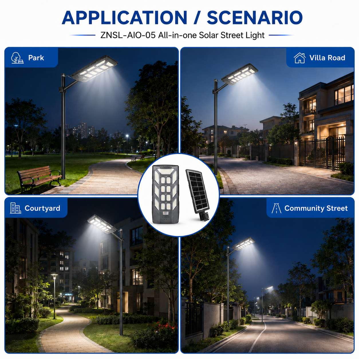 ZNSL-AIO-05 all in one solar street light application scenario for road garden villa and community lighting