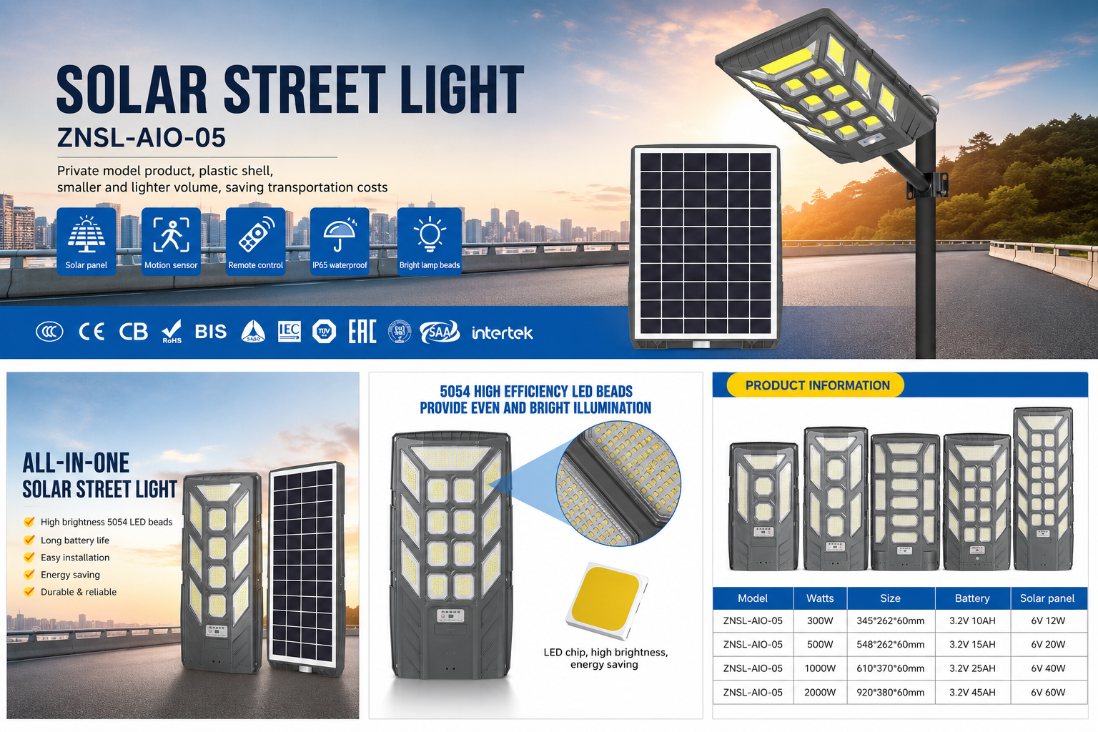 ZNSL-AIO-05 all in one solar street light product information specification grid