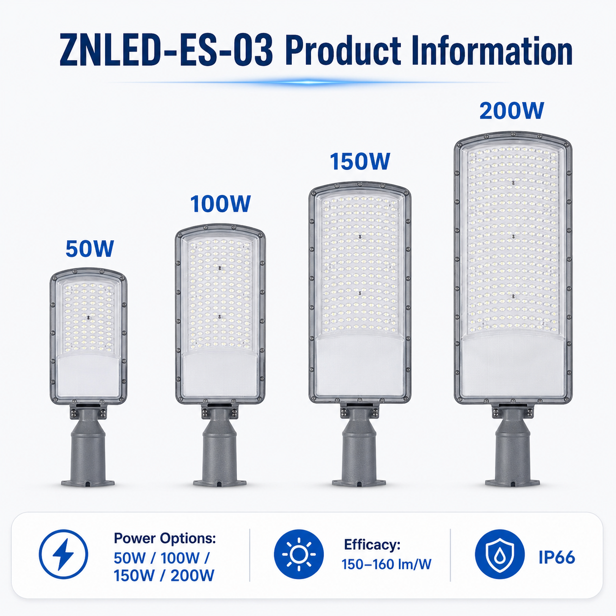ZNLED-ES-03 LED street light straight arm and rotating arm power options