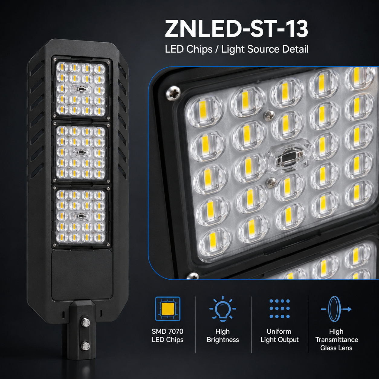 ZNLED-ST-13 LED street light SMD 7070 LED chips and glass lens detail