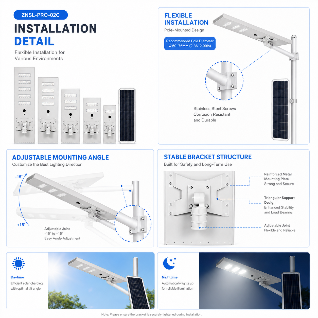 ZNSL-PRO-02C solar street light structure and mounting detail