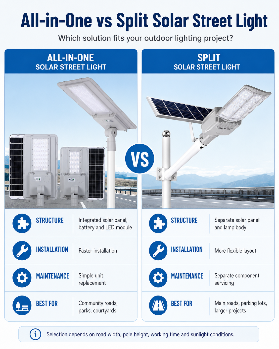 All-in-one vs split solar street light comparison for outdoor lighting projects